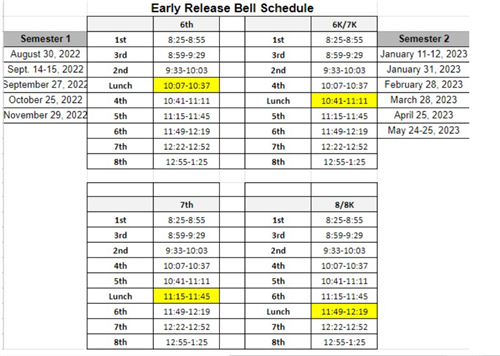 Krueger Middle School Early Release Bell Schedule 